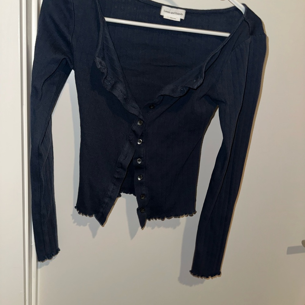 Lovers + Friends Black Ribbed Button-Front Long Sleeve Top